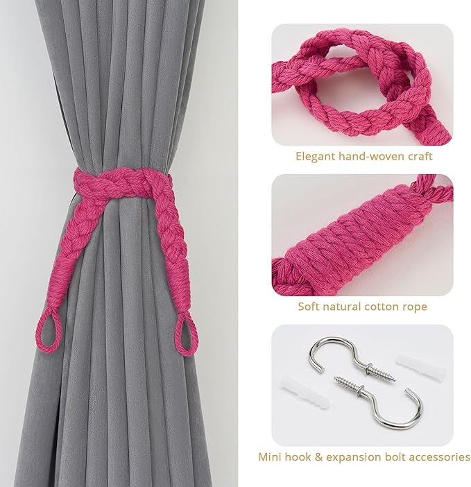 NICEEC 4 Pack Natural Cotton Rope Curtain Tiebacks Elegant Boho Style Decorative Drape Tie Backs Soft Hand-Woven Rope Curtain Holdbacks with Metal Hook for Home & Office Drapery (Rose Red)
