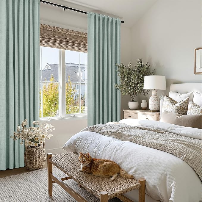 MIULEE 100% Blackout Linen Curtains for Bedroom, Seafoam Green Solid Luxury Decor Thermal Insulation Room Darkening Drapes for Living Room Nursery Back Tab Rod Pocket 42 x 63 Inches, 2 Panels