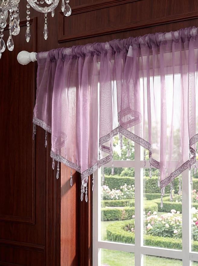 Molaxhome Swag Curtain 51 inch Length Rod Pocket Scalloped Curtain Valance Sheer Lace Panels with Hanging Crystal Beads for Kitchen Bedroom Window Treatments Drape Decor 1pc (Modena, 51Wx23L)