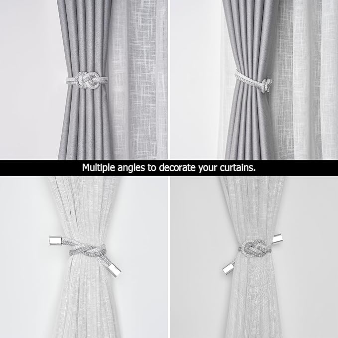 NICEEC 2 Pack Mini Magnetic Curtain Tiebacks Nordic Simple Style Drape Tie Backs Elegant Hand Weave Rope Knot Decorative Curtain Holdbacks for Home & Office Thin Window Drapery (Grey & White)