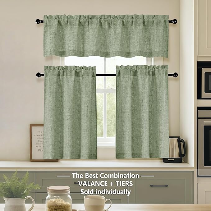 OVZME Green Valance for Windows, Light Filtering Faux Linen Textured Small Short Valance Kitchen Curtain, Dual Rod Pocket Top Short Window Curtain for Bathroom Basement Farmhouse, 1 Piece, 60Wx16L