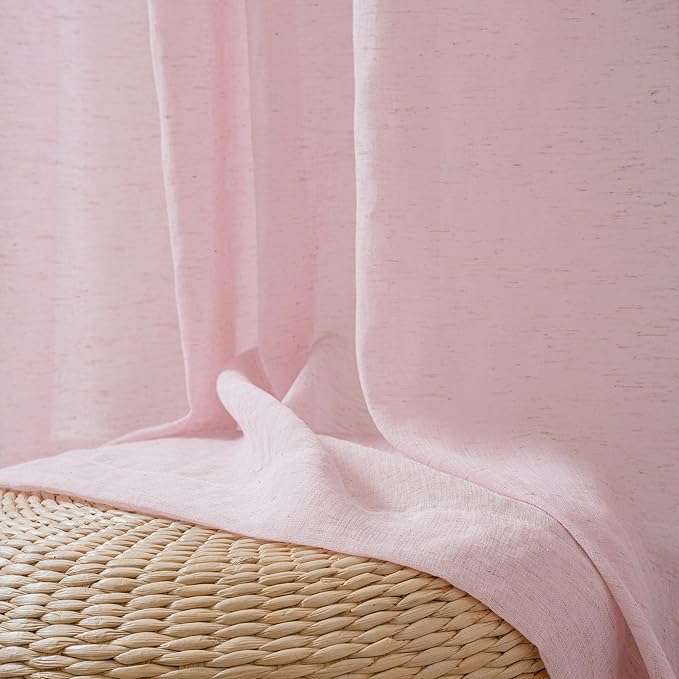 FMFUNCTEX Linen Sheer Curtains for Bedroom, Pink Curtains 84 inches Long for Living Room, Blush Pink Farmhouse French Flax Blend Window Draperies, Rod Pocket 2 Panels Set
