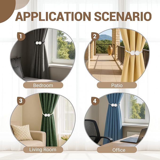 Hion Magnetic Curtain Tiebacks Beige 6 Pack, Curtain Tiebacks Buckles Holdbacks Holders Hooks Clip for Home Bedroom Office Decorative Thick or Thin Curtain