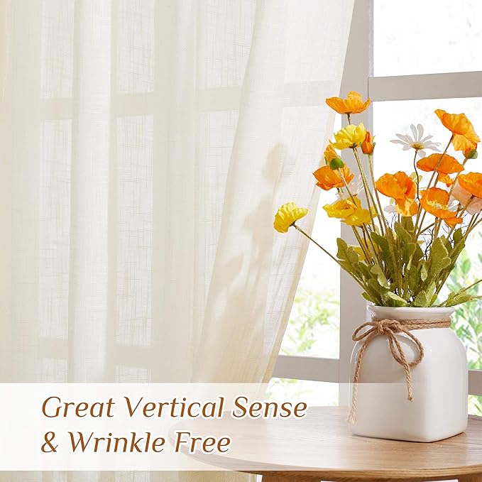 NICETOWN Linen Sheer Curtains and Drapes for Living Room, Rod Pocket & Back Tab Semitransparent with Light Through Vertical Window Treatments for Sliding Glass Door, Natural, W52 x L84, Set of 2