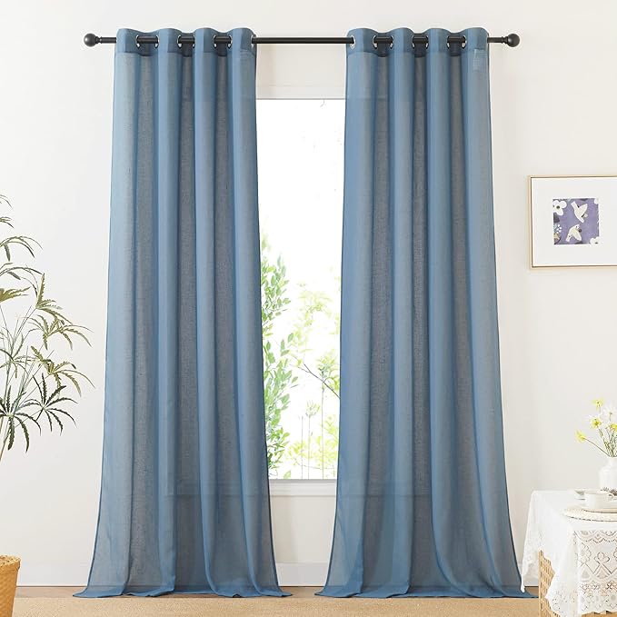 NICETOWN Linen Sheer Stone Blue Curtains 108 inch Long for Living Room, Grommet Semi Sheer Linen Blend Curtains & Drapes Privacy with Light Filtering for Nursery/Laundry, W52 x L108, 2 Panels
