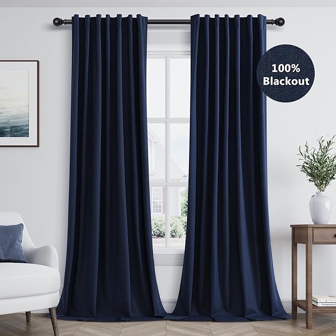 Guken Navy Blue 100% Blackout Curtains 84 Inch Length 2 Panels Set for Living Room Bedroom Back Tab Thermal Insulated Black Out Linen Drapes Room Darkening Window Curtains 84 Inches Long