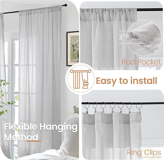 BGment Light Grey Linen Curtains for Kithchen Cafe Window 40 Inch Length - Rod Pocket Semi Sheer Drapes Light Filtering for Bathroom Bedroom Lightweight Rustic, 2 Panels Set, 42 X 40 Inch