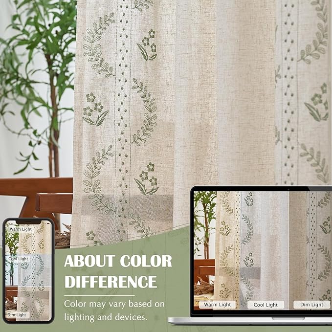 jinchan Belrose Linen Curtains for Bedroom Floral Curtains 63 Inch Length Linen Blend Sage Green Embroidered Drapes Farmhouse Flower Patterned Drapes for Living Room Window Treatments Set 2 Panels