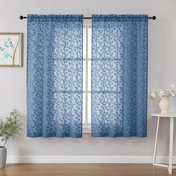 Chyhomenyc Dusty Blue Short Curtains 45 Inch Length 2 Panels, Light Filtering Leaf Textured Window Curtain Panels for Bedroom Living Room, Elegant Rod Pocket Farmhouse Curtains, 30" Wx45 L, 2 PCS