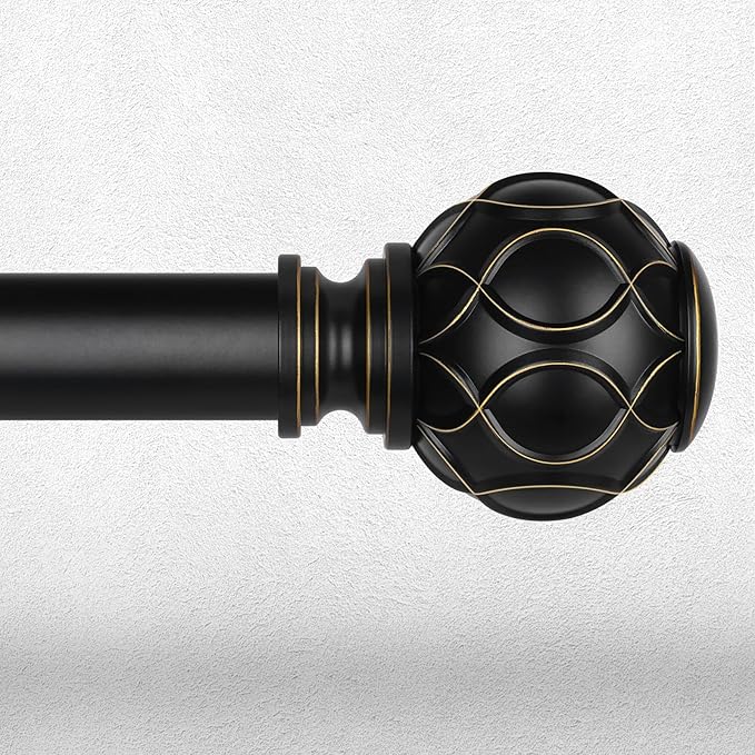 Black Curtain Rod, Heavy Duty 1 Inch Decorative Curtain Rods for Windows 30 to 56 Inch, Single-Side Adjustable Vintage Rustic Matte Black Drapery Pole Set with Boho Netted Texture Finials