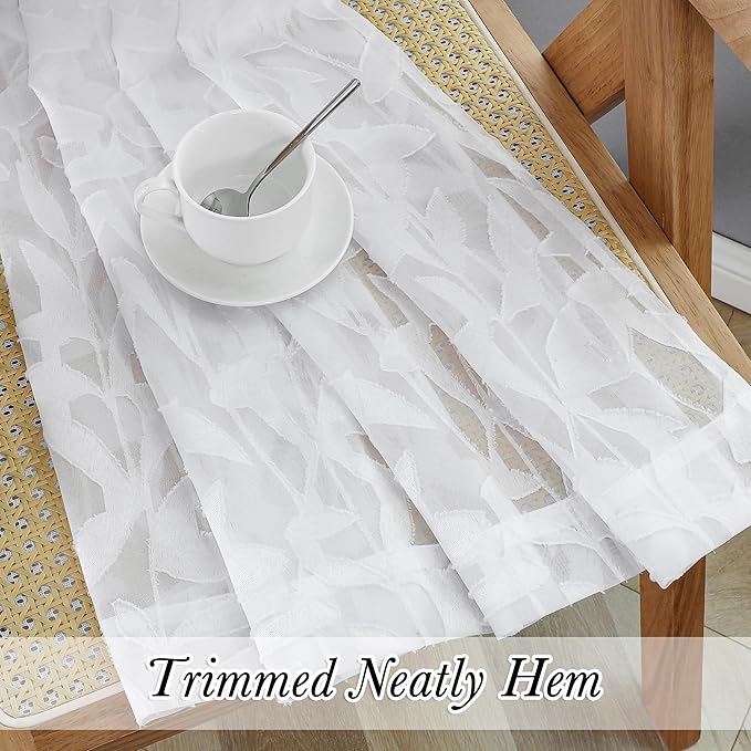 Lecloud Leia Texture Sheer White Curtains 54 Inch Length Set of 2 Panels, Dual Rod Pockets Window Living Room Curtain with Leaves, Semi-Sheer Bedroom Kitchen Cupboard Drapes Farmhouse, 38W x 54L