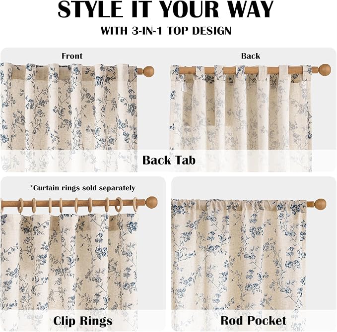Lazzzy Farmhouse Linen Curtains Blue Floral Curtains 96 Inch Long Back Tab Drapes for Living Room Bedroom Light Filtering Country Vintage Rod Pocket Curtain, 2 Panels, Blue on Beige