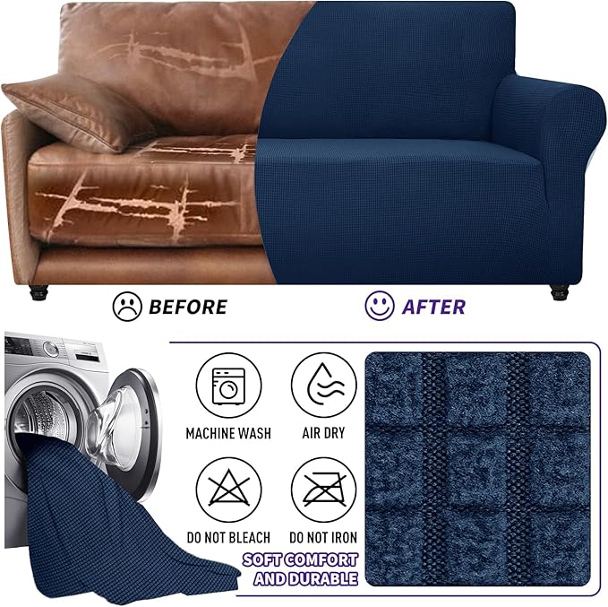 ZNSAYOTX Super Stretch Chair Slipcover Universal Sofa Chair Covers for Living Room Dogs Pet Furniture Protector Spandex Armchair Slipcovers with Anti Slip Foam Sticks (Navy Blue, Chair)