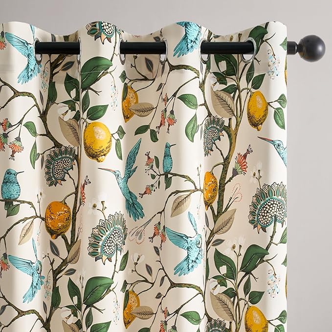 Topfinel Floral Curtains 96 Inches Long 2 Panels Unique Beige Luxury Elegant Colorful Euro Flower Hummingbird Patterned Rustic Vintage Grommet Drapes for Classroom Room Office Closet 52x96