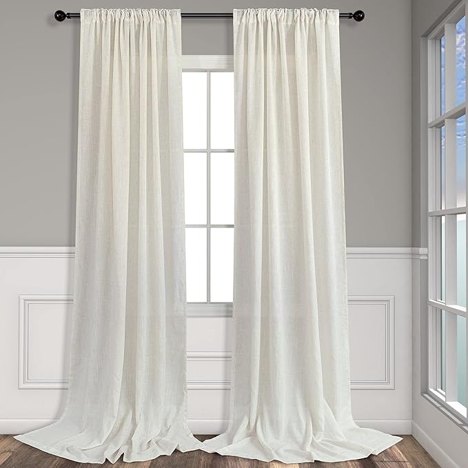 Pitalk Cream Curtains 80 Inch Length for Living Room 2 Panels Back Tab Rustic Modern Farmhouse Privacy Semi Sheer Linen Drapes Pleated Curtains for Bedroom 52x80 Long Curtain Off White Ivory Colored