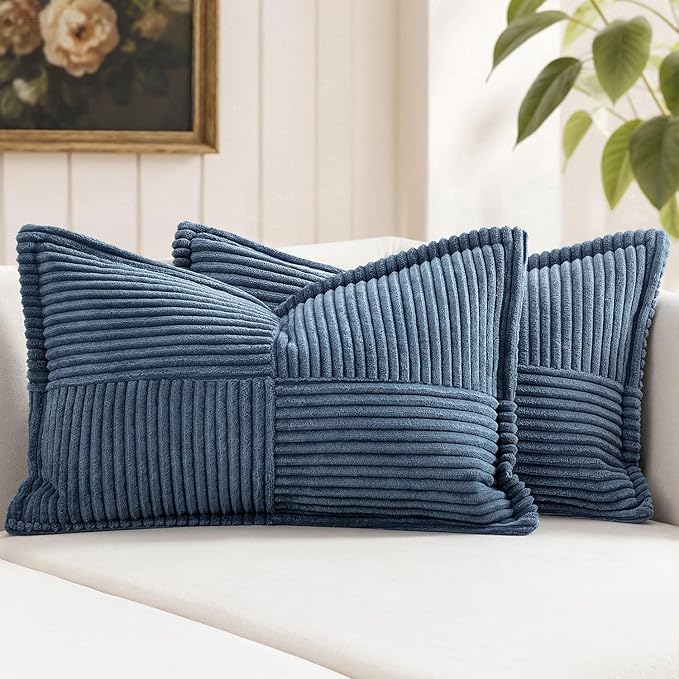 MIULEE Decorative Lumbar Throw Pillow Covers for Couch Bed Livingroom 14x22 Inch Set of 2 Blue Boho Accent Throw Pllows Broadside Striped Patchwork Soft Corduroy Summer Coastal Pillowcases