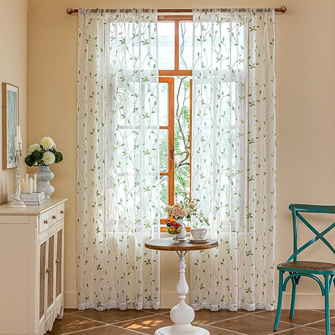 AmHoo 2 Panels Embroidered Leaf Pattern Semi Sheer Curtains Foliage Floral Voile Window Draperies Treatment for Bedroom Living Room Rod Pocket White Light Green 53 x 95 Inch