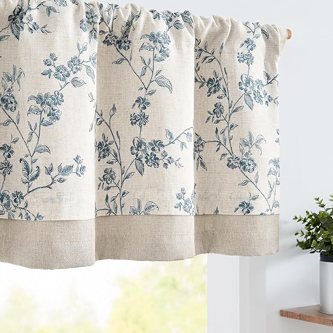 jinchan Linen Kitchen Valance for Windows 16 Inch Floral Double Layer Valance Living Room Laundry Room Darkening Rustic Cottagecore Farmhouse Flower Window Treatment 1 Panel Blue on Linen