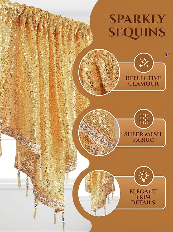 Molaxhome Swag Curtain 51 inch Length Rod Pocket Scalloped Curtain Valance Sheer Lace Panels with Hanging Crystal Beads for Kitchen Bedroom Window Treatments Drape Decor 1pc (Sequin Yellow, 51Wx23L)