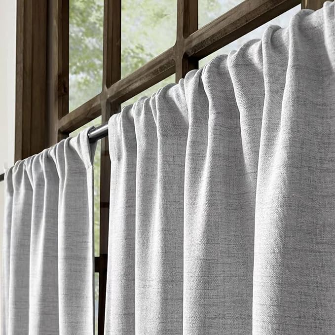 Oindec Faux Linen Kitchen Curtains 24 Inch Length Cafe Curtain Tiers for Living Room Basement Bathroom Windows Country Rustic Small Short Curtains, Set of 2, Grey