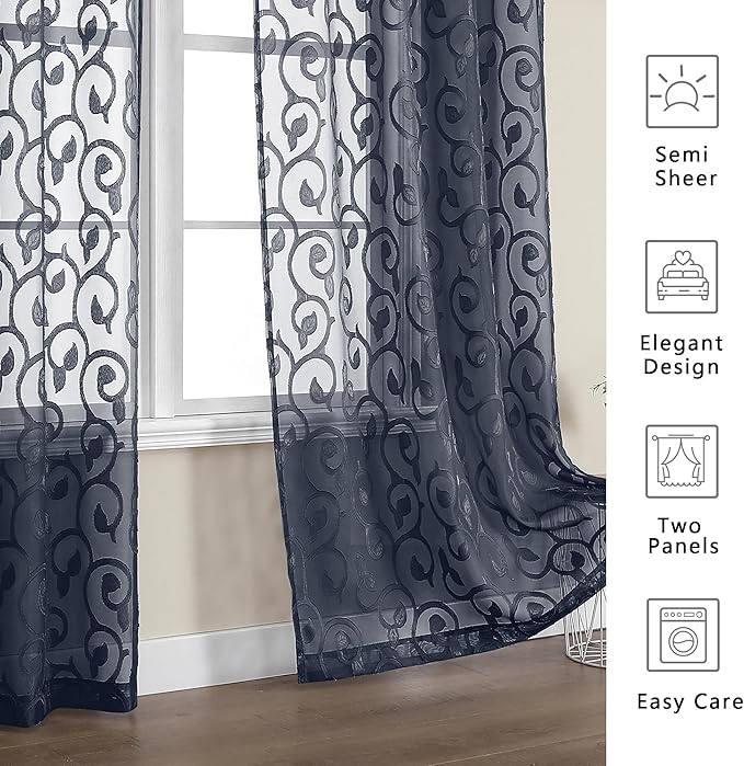 OWENIE Furman Sheer Curtains 63 inch Length for Bedroom Living Room 2 Panels Set, Light Filtering Solid Curtains & Drapes with Geometric Jacquard Clip, Soft Airy Rod Pocket Voile Curtain, 40Wx63L inch