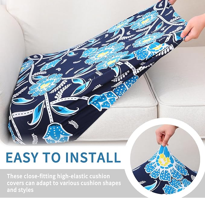 hyha Printed Couch Cushion Covers, Floral Sofa Covers Washable for 2 Cushion Couch, Stretch Pattern Outdoor Cushion Covers for Patio Furniture with Elastic Bottom(2 Packs, Bluebell)