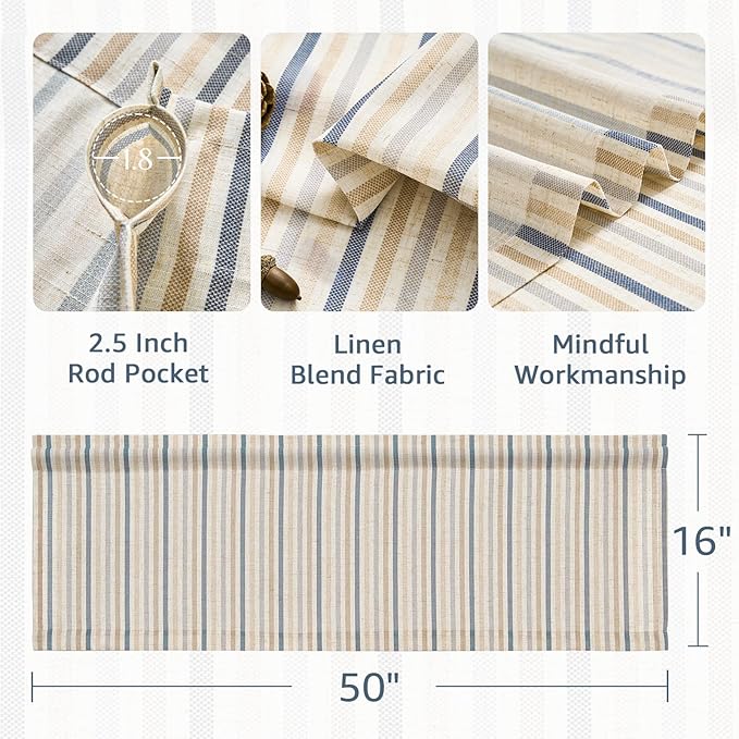 jinchan Valance Curtain Linen Textured Striped Window Curtain for Living Room Light Filtering Farmhouse Valance for Kitchen Rod Pocket 1 Panel 16 Inch Multi Blue on Linen 1 Panel