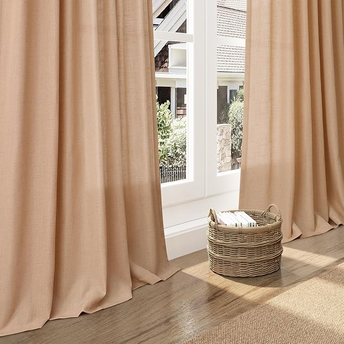 Camel Linen Curtains 90 Inch Length 2 Panels Set for Living Room Rod Pocket Back Tab Window Drapes Light Filtering Elegant Farmhouse Curtain 90 Inches Long for Dining Room Bedroom Nursery 52x90