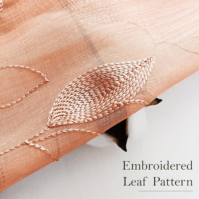 HOMEIDEAS Fall Burnt Orange Sheer Curtains 52 x 54 Inch Length 2 Panels Embroidered Leaf Pattern Short Curtains for Bedroom Half Small Window Rod Pocket Kitchen