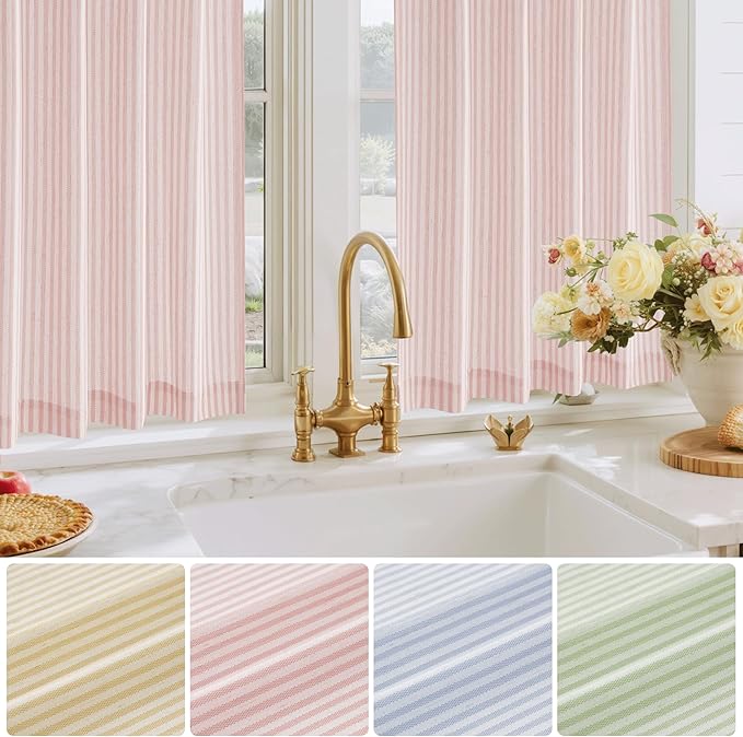RYB HOME Linen Cafe Curtains 24 inch Length, Kitchen Farmhouse Striped Tier Curtains for Living Room Bathroom Tickingstripe Small Window Rustic Pinstripe Valances, Pink, W26 x L24, 2 Panels