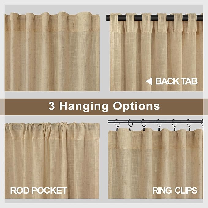 Tan Linen Curtains 90 Inch Length for Living Room Dining 2 Panels Set Back Tab Pocket Light Filtering Sheer Taupe Brown Mocha Coffee Color Drape for Bedroom Home Office Burlap Vintage Decor 52x90 Long