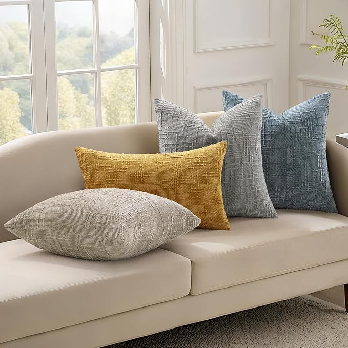 decorUhome Neutral Grey Chenille Throw Pillow Covers 16x16 Set of 2 Textured Soft Cozy Slubby Couch Pillow Covers Modern Farmhouse Boho Decorative Pillow Cases for Bed Sofa Living Room