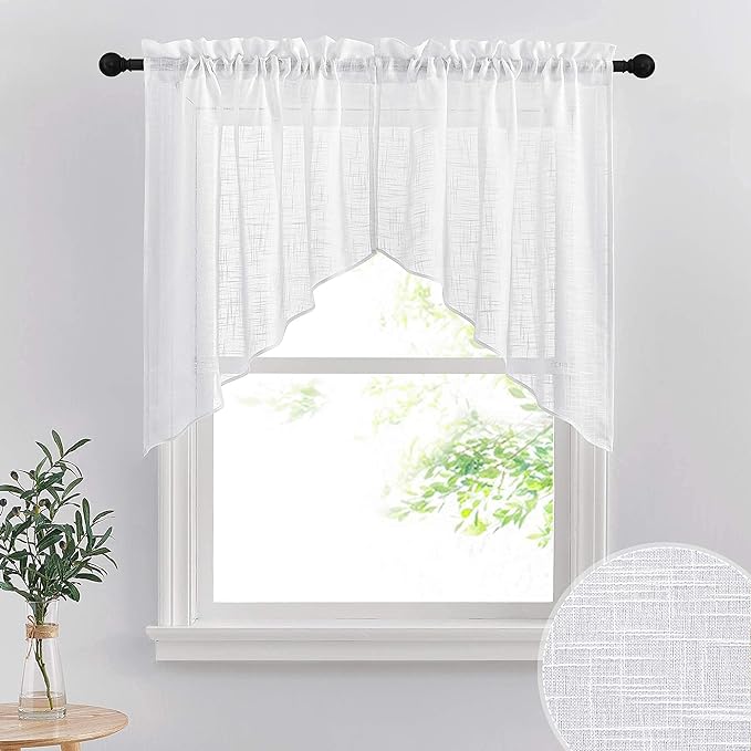 RYB HOME Short Kitchen Valances and Curtain Set, Privacy White Linen Swag Curtains, Semi Sheer Bathroom Tiers for Small Windows, 36 x 36 inch, 1 Pair