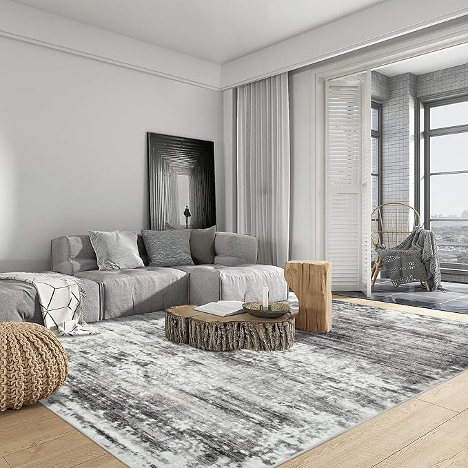 6x9 Area Rugs Washable Rug: Large Modern Abstract Living Room Rug Soft Anti-Skid Thin Carpet Indoor Floor Non-Shedding Carpets for Bedroom Dining Room Farmhouse Nursery Home Office Black Grey