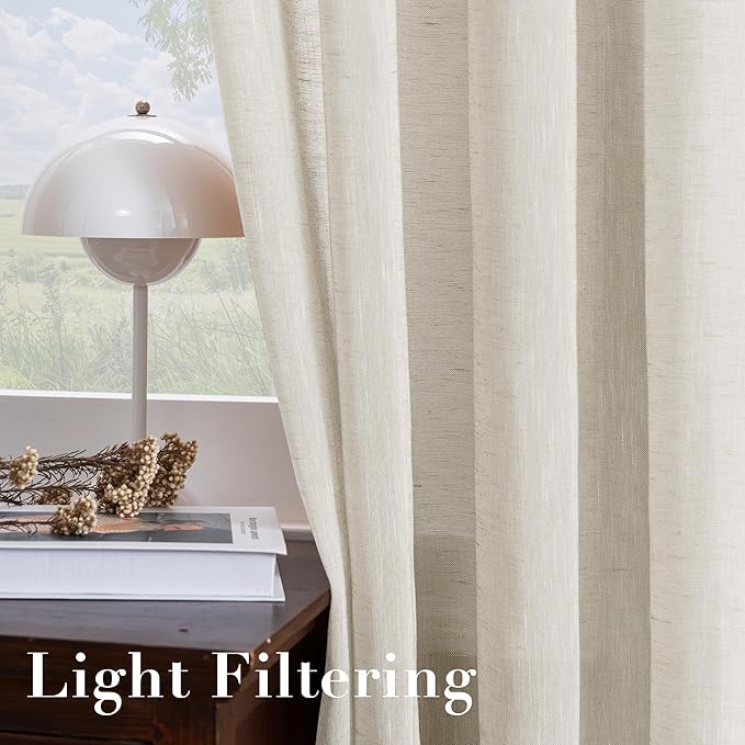 H.VERSAILTEX Linen Curtains Nickel Grommet Natural Linen Semi-Sheer Curtains 2 Panels Privacy Added Premium Soft Rich Material Drapes for Bedroom/Living Room - 37x63 Inch- Natural