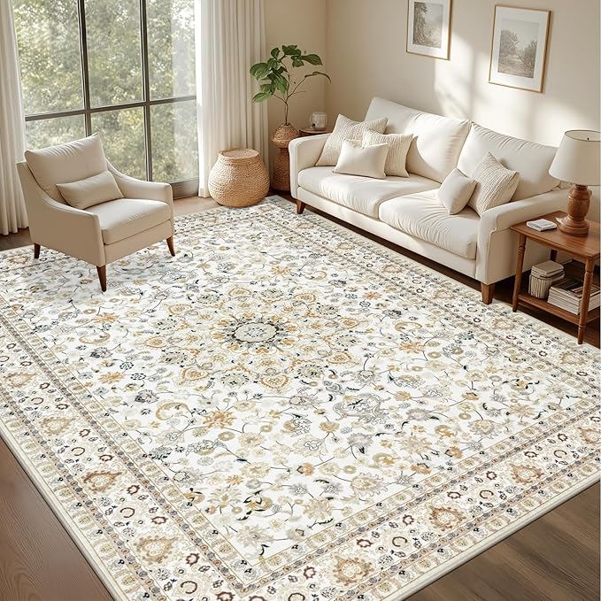 6x9 Area Rugs Living Room Rug: Washable Vintage Boho Rug No Slip Stain Resistant Soft Carpet Indoor Floor Floral Large Carpets for Bedroom Dining Room Farmhouse Nursery Home Office Beige