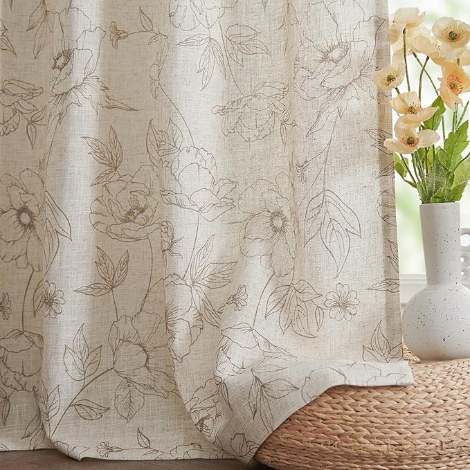 jinchan Floral Linen Curtains for Living Room 96 Inch Length Taupe Flower Curtain Rod Pocket Back Tab Farmhouse Curtains with Printed Floral Bedroom Window Curtain Set, 2 Panels Taupe