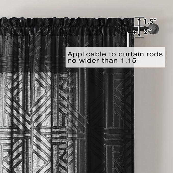 Simplebrand Black Sheer Curtains 72 Inch Length 2 Panels for Living Room, Light Filtering Geometric Jacquard Clip Textured Rod Pocket Semi Sheer Curtains for Front Back Patio Glass Door，42x72 inch