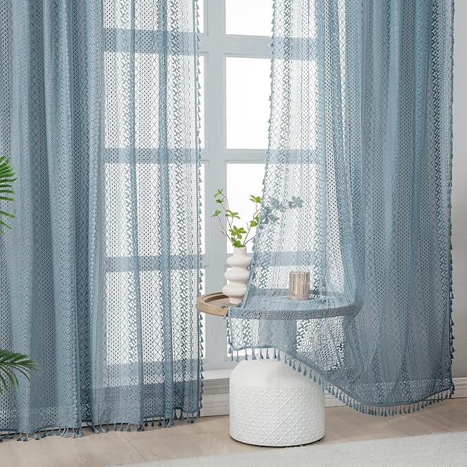 WAZZIO Boho Lace Curtains 63 Inches 2 Panel,Light Filtering Privacy Tassel & Geometry Crochet Semi Sheer Curtain Drapes for Bedroom Living Dining Room,Rod Pocket & Tassel,Light Slate Blue