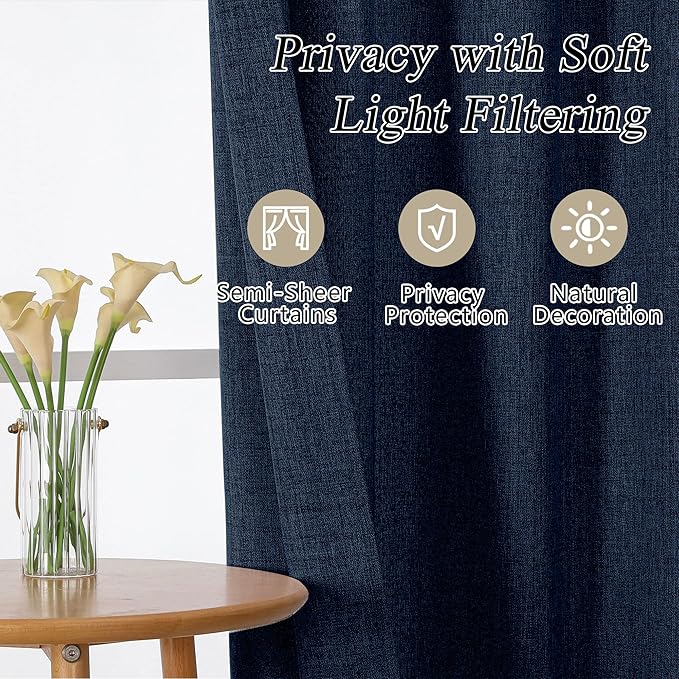 OVZME Navy Blue Valance for Windows, Light Filtering Faux Linen Textured Small Cafe Valances for Windows, Dual Rod Pocket Farmhouse Short Curtain for Bathroom Basement, 60Wx24L inch, 1 Piece