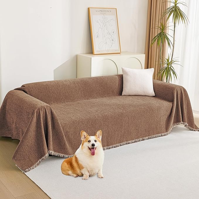 MYSKY HOME Couch Covers for 2 Cushion Couch Sectional Sofa, L Shape Sofa Protector Camel Chenille Couch Cover, Sofa Covers Washable Blanket with Tassel Pet Couch Cushion Cover, 71"X102"