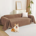 MYSKY HOME Boho Couch Cover Camel Sofa Covers with White Tassel Farmhouse Sofa Slipcover Simple Couch Protector for Dogs Chenille Sectional Couch Covers L Shaped Couch Cushion Covers, 91"x 134"