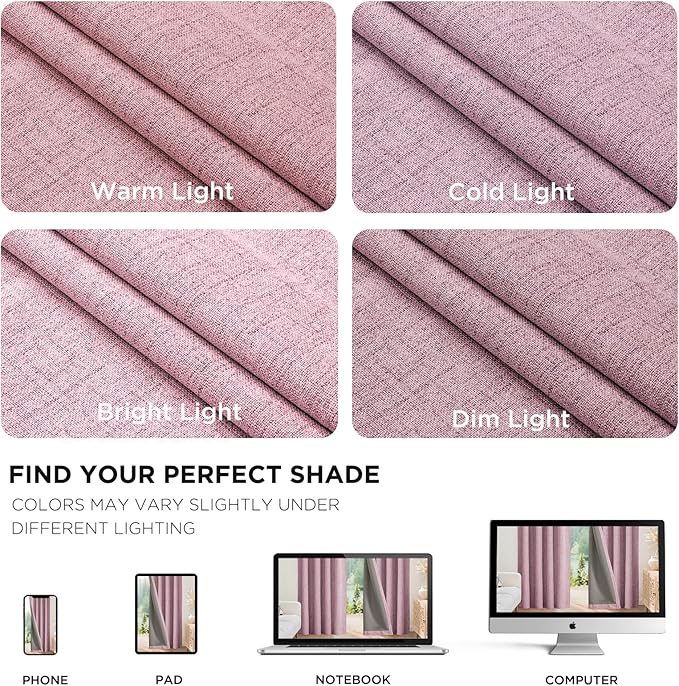 Joydeco Blackout Curtains for Bedroom - 100% Light Blocking 2 Panels Set Pink Drapes 37" W x 84" L, Thermal Insulated Room Darkening Curtains, Linen Textured for Living Room, Rod Pocket & Back Tabs