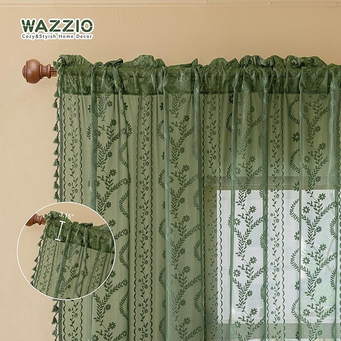 WAZZIO Boho Lace Curtains 2 Panels 63 Inches -Vintage Victorian Sheer Panel Drape French Country Floral Pattern & Tassel Light Filtering Privacy for Bedroom Dining Living Room,Dark Sage Green,W52x L63