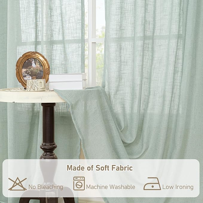 LAMIT Short Kitchen Linen Curtains 24 Inch Length for Small Windows, Semi Sheer Light Filtering Panels Back Tab and Rod Pocket Cafe Drapes for Half Window, Light Sage, 2 Panels, 34 x 24 Inch