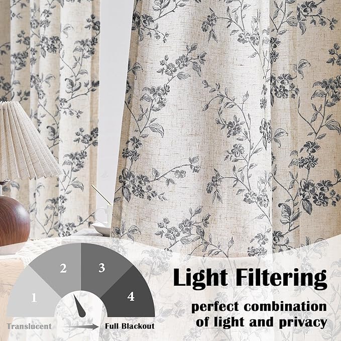 Lazzzy Farmhouse Linen Curtains Black Floral Curtains 63 Inch Length Back Tab Drapes for Living Room Bedroom Light Filtering Country Vintage Rod Pocket, 2 Panels, Black on Beige
