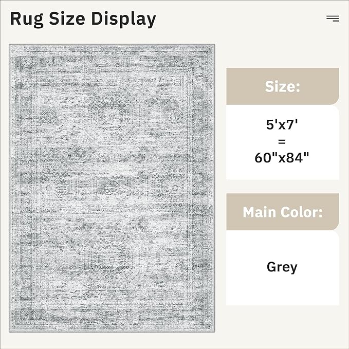 5x7 Area Rugs Gray Low Pile Indoor Washable Trendy Faded Style Rugs for Bedroom Living Room Dining Room Foldable Non-Slip Thin Grey Print Mat