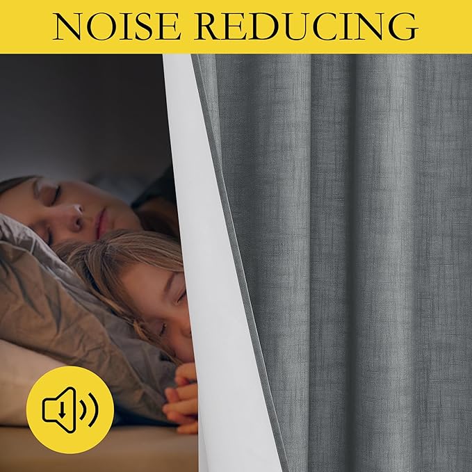 NICETOWN 100% Absolutely Blackout Linen Curtains with Thermal Insulated White Liner, Dove Grey, W52, 2 Pieces, Noise Reducing Textured Linen Look Curtains for Windows 120 inch Length for Classroom
