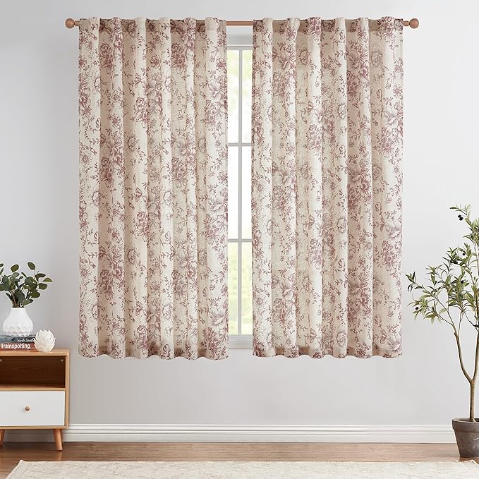 jinchan Linen Blend Curtain Floral Curtains for Living Room 45 Inch Length Farmhouse Brick Red Printed Curtain Rod Pocket Back Tab Peony Flower Patterned Drapes Curtains Set 2 Panels