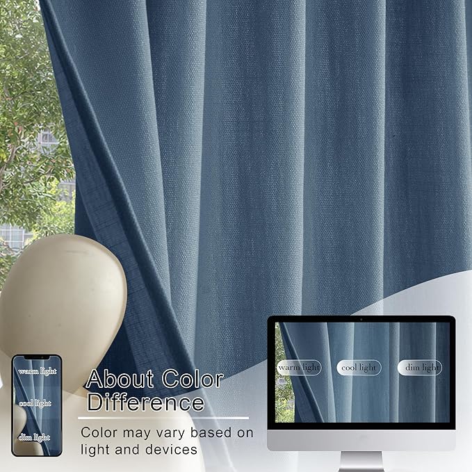 RYB HOME Short Kitchen Valances and Curtain Set, Thick Faux Linen Blended Topper Privacy Protect Short Cafe Curtains for Bathroom, 2 Panels, Rod Pocket, Stone Blue, W 26 x L 24 inch